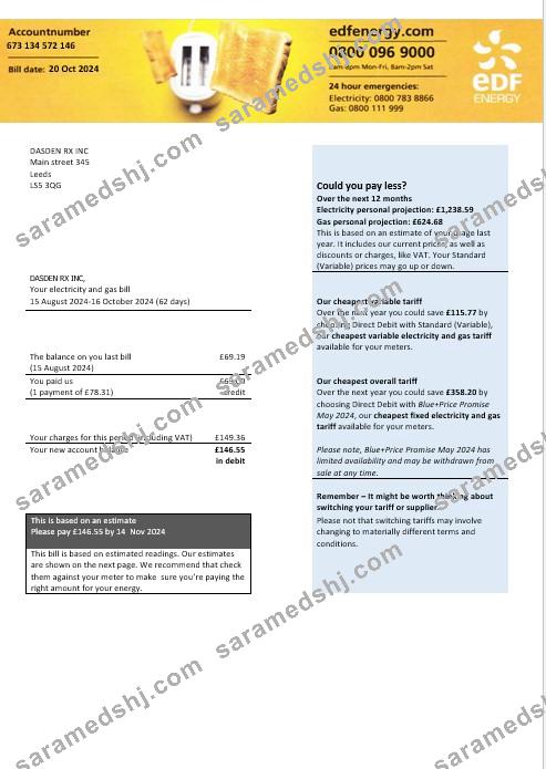 United Kingdom EDF Energy electricity and gas business utility bill Word and PDF formats, version 2